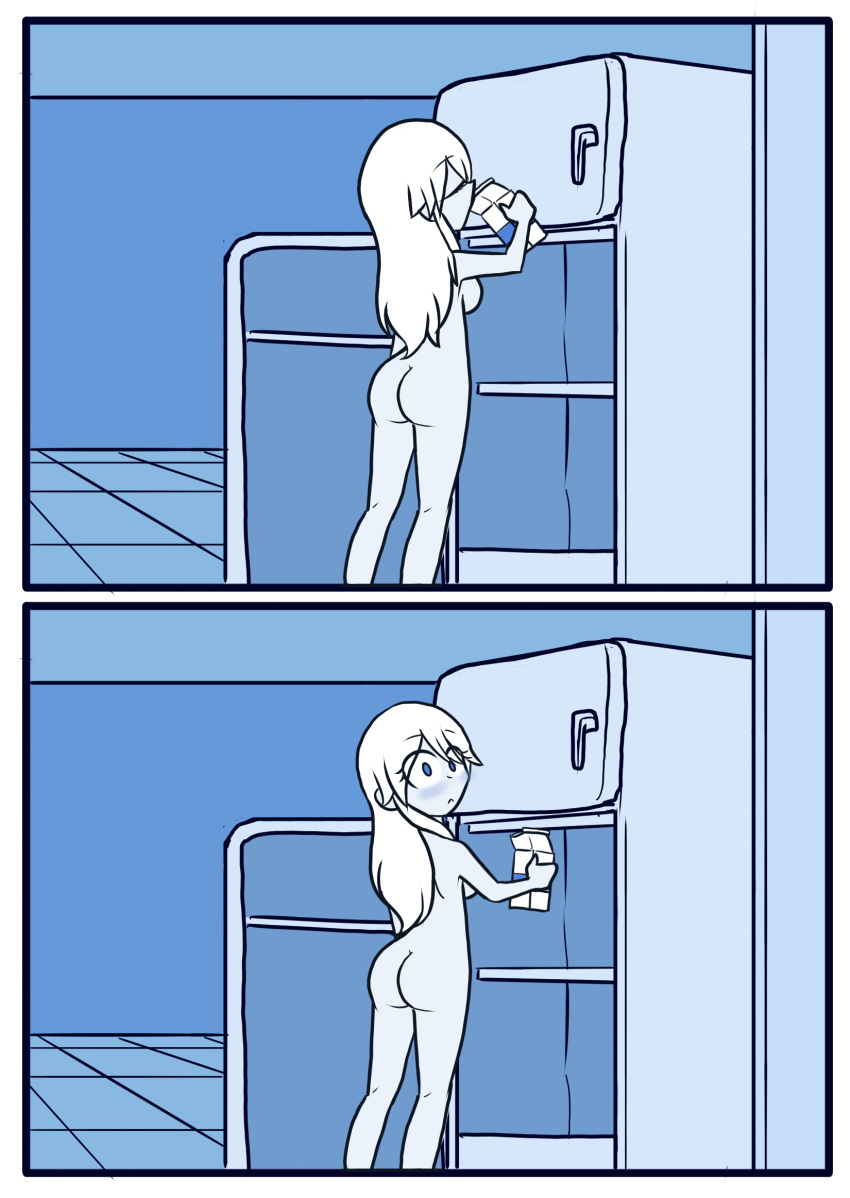 1girls ass casual_nudity drinking_milk female female_only fridge inoueninja094 long_hair milk nairod103098 naked nude nude_female oc original original_character rin_(darkspider94) rin_inoue sideboob solo white_hair