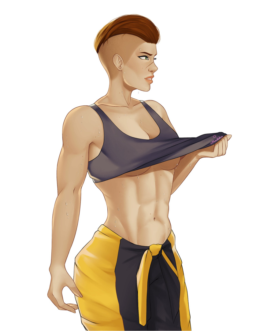 abs baggy_pants finka_(rainbow_six) green_eyes msmelodine muscular muscular_female no_bra rainbow_six rainbow_six_siege red_hair scar shirt_lift short_hair short_hair_female tank_top tomboy underboob undercut white_background