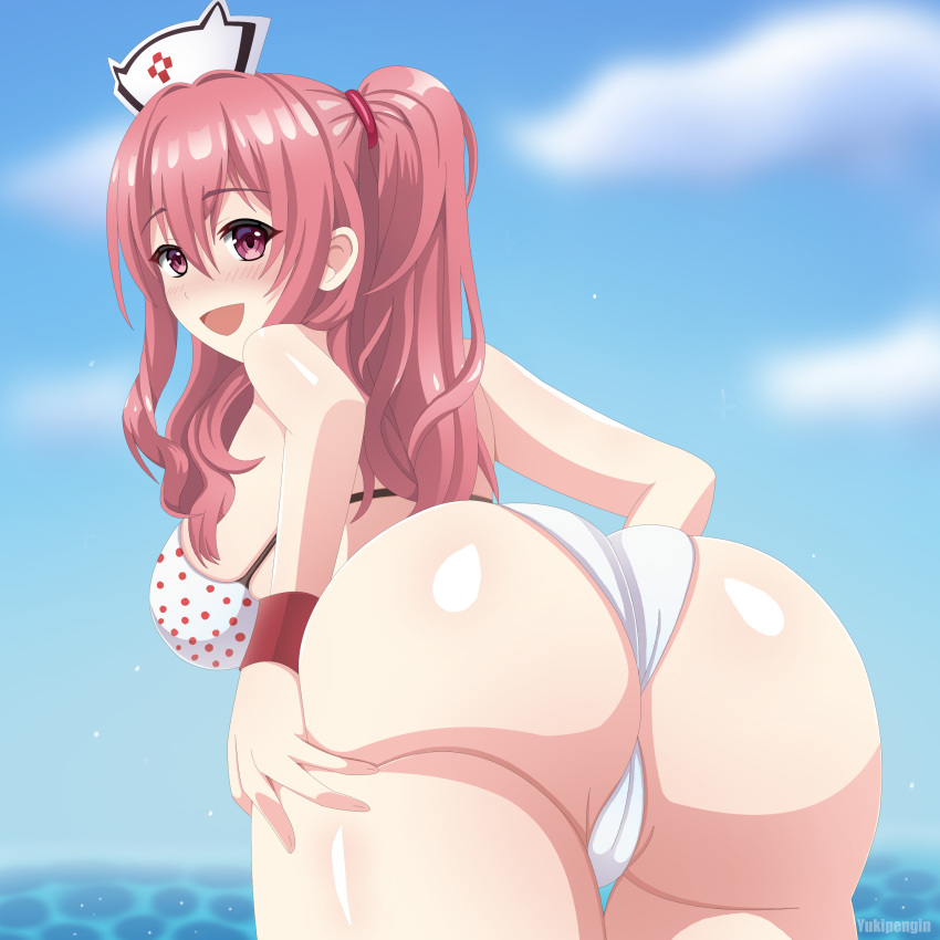 1girls artist_name ass ass_focus ass_grab beach bikini cameltoe eyebrows_visible_through_hair from_behind goddess_of_victory:_nikke grabbing grabbing_own_ass hi_res large_breasts long_hair looking_at_viewer nurse nurse_cap open_mouth pepper_(nikke) pepper_(ocean_vitamin)_(nikke) pink_eyes pink_hair sea side_ponytail sky smile string_bikini swimsuit underwear water watermark white_bikini wristband yukipengin