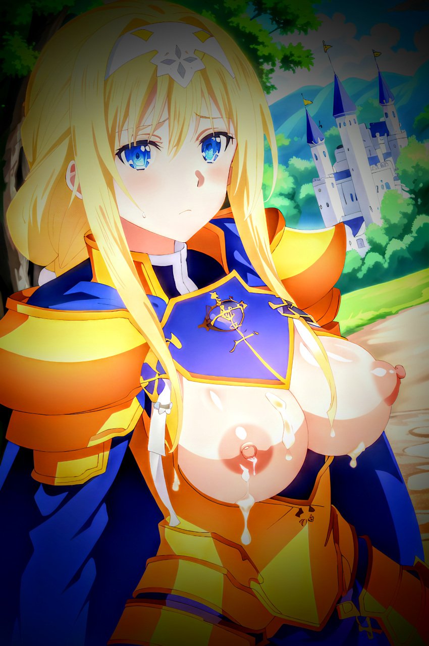 1girls ai_generated alice_schuberg alice_synthesis_thirty blonde blonde_hair blue_eyes blush blushing blushing_at_viewer breasts clothed clothing cum cum_on_breasts sword_art_online tagme tits