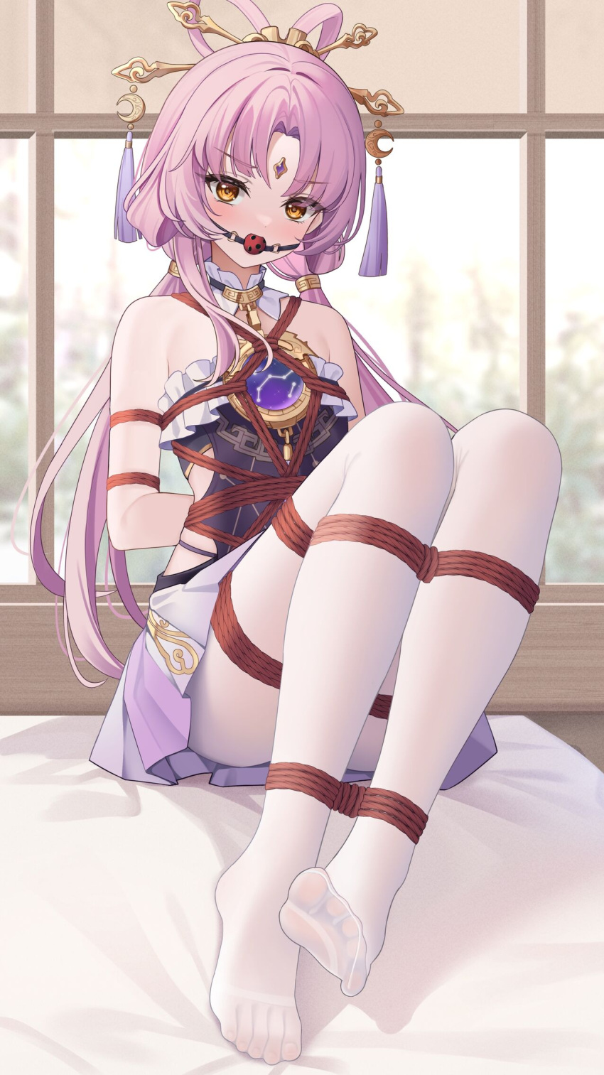 arms_tied_behind_back ball_gag blush bondage bound_ankles bound_legs fu_xuan_(honkai:_star_rail) gag gagged hair_ornament honkai:_star_rail icwine looking_at_viewer pink_hair rope_bondage yellow_eyes