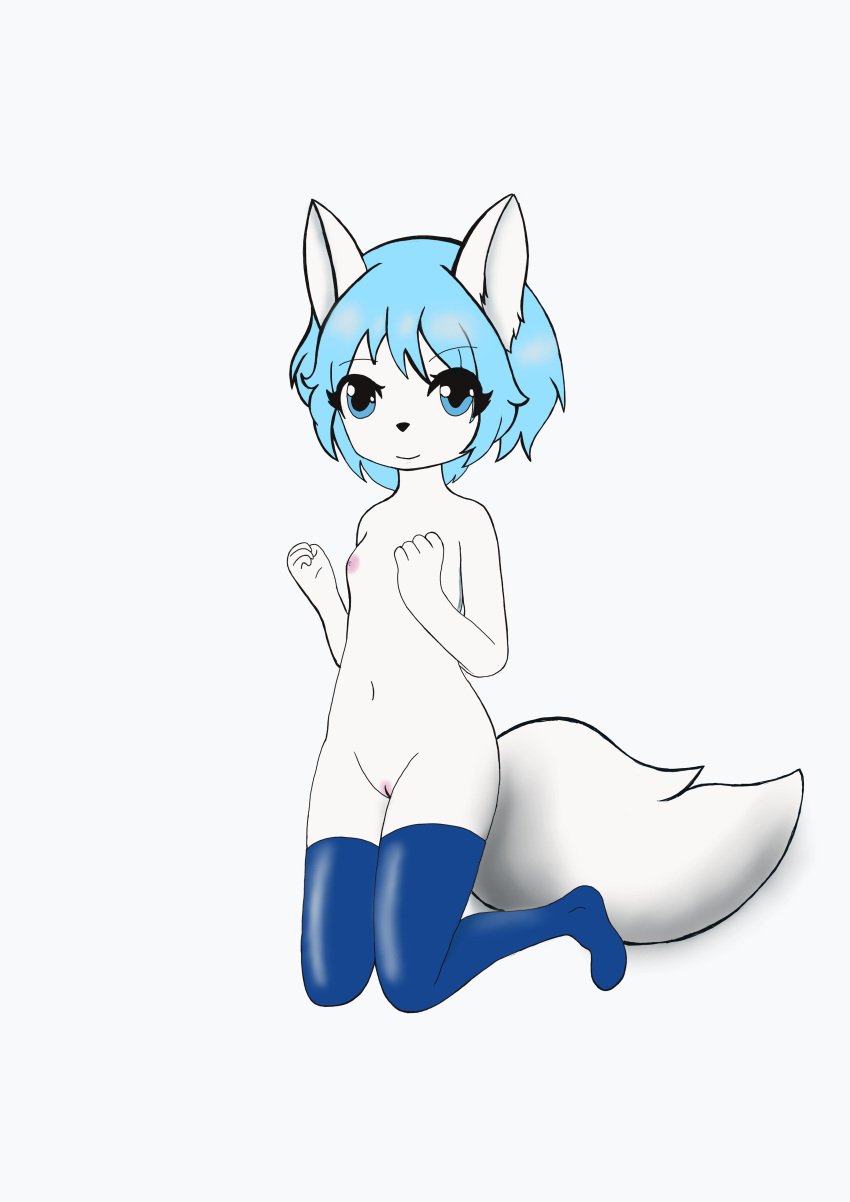 absurd_res anthro blue_hair breasts female fur hair hi_res moonflower small_breasts virtual_youtuber white_body white_fur wolfychu