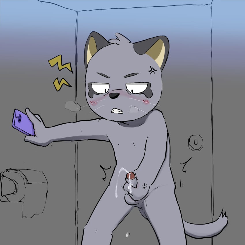 1boy 2023 angry anthro balls bathroom blush bodily_fluids breath clenched_teeth cum ejaculation embarrassed fur genital_fluids genitals grey_body grey_fur hajime_tanaka_(odd_taxi) half-closed_eyes hi_res holding_object holding_phone inside looking_at_self male male_only masturbation narrowed_eyes nekotanyanneko odd_taxi penis phone public_restroom restroom_stall solo teeth toilet