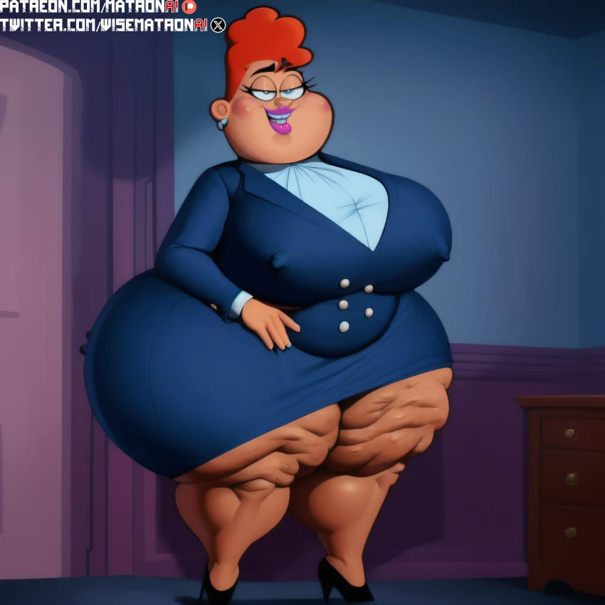 4k ai_generated ass bbw big_ass big_breasts breasts cellulite chubby geraldine_waxelplax high_heels highres matronai_(artist) mature mature_female mature_woman patreon patreon_username pinup principal_waxelplax red_hair ssbbw stable_diffusion suit teacher the_fairly_oddparents thick thick_ass thick_thighs twitter_username wide_hips