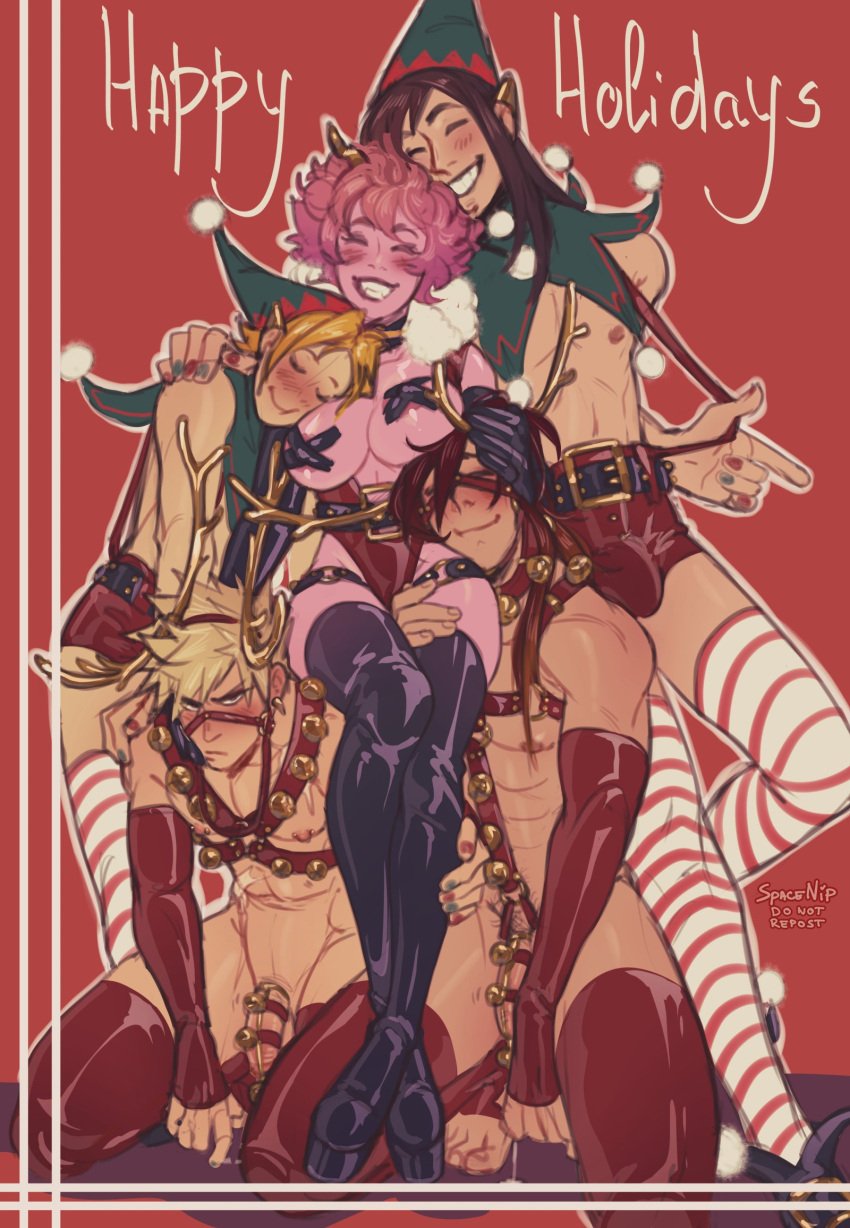 1girls 4boys androgynous bisexual bisexual_male black_boots blonde_hair boku_no_hero_academia boots bottomless breasts bulge bulge_through_clothing chastity_cage chastity_device christmas christmas_clothing christmas_outfit cock_cage denki_kaminari digital_art digital_drawing_(artwork) digital_media_(artwork) digital_painting_(artwork) dominant dominant_female domination dominatrix eijirou_kirishima elbow_gloves eyelashes femboy femdom feminine feminine_body feminine_male feminine_pose feminization gay girly gloves hanta_sero head_against_stomach head_against_thigh hi_res high_heel_boots high_heels high_resolution highres holidays katsuki_bakugou male male_with_painted_nails malesub mina_ashido muscular_male my_hero_academia nipples open_mouth penis penis_bulge pink_body pink_hair pink_skin reindeer reindeer_antlers reindeer_costume reindeer_horns santas_elves short_shorts shorts sitting slave_boy slaves soft_domination spacenipnops spread_legs squatting submission submissive submissive_male tagme tape taped_nipples thigh_boots thighhighs thighs yaoi