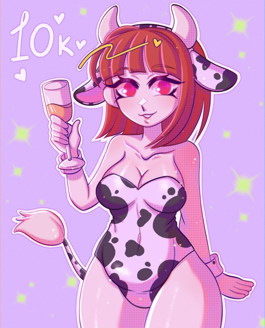 1girls 2022 2d 2d_(artwork) 2d_artwork alcohol belly_button belly_button_visible_through_clothing breasts brown_hair champagne_glass chara clothed clothing color colored cow_costume cow_ears cow_girl cow_headband cow_horns cow_print cow_suit cow_tail cowgirl_outfit cowsuit fatty female female_chara female_focus female_human female_only hi_res human lips looking_at_viewer purple_background red_eyes solo text undertale undertale_(series) velvetbunn