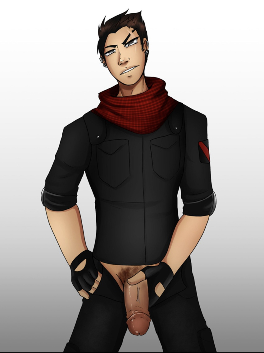 akira_kojima bandana boyfriend_to_death dollmaker_(electricpuke) electricpuke huntress_(electricpuke) large_penis leather_jacket male male_focus male_only penis_out presenting scar_across_eye solo_male thick_penis white_background