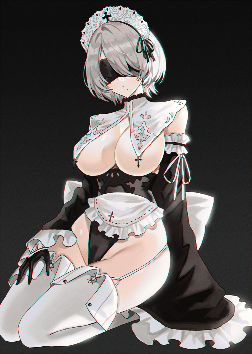 1girls blindfold cleavage kneeling maid_uniform mell_(dmwe3537) nier:_automata short_hair solo yorha_2b