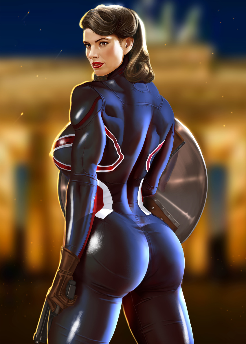 1girls arion69 arm_at_side berlin big_ass big_butt blue_bodysuit blurred_background brandenburg_gate brown_eyes brown_gloves brown_hair captain_america_(series) captain_carter cowboy_shot disney female female_only gloves gun hayley_atwell human human_only light-skinned_female light_skin looking_over_shoulder marvel marvel_cinematic_universe mature mature_female muscular muscular_female peggy_carter pistol pistol_in_hand shield shiny_clothes superheroine voluptuous voluptuous_female weapon