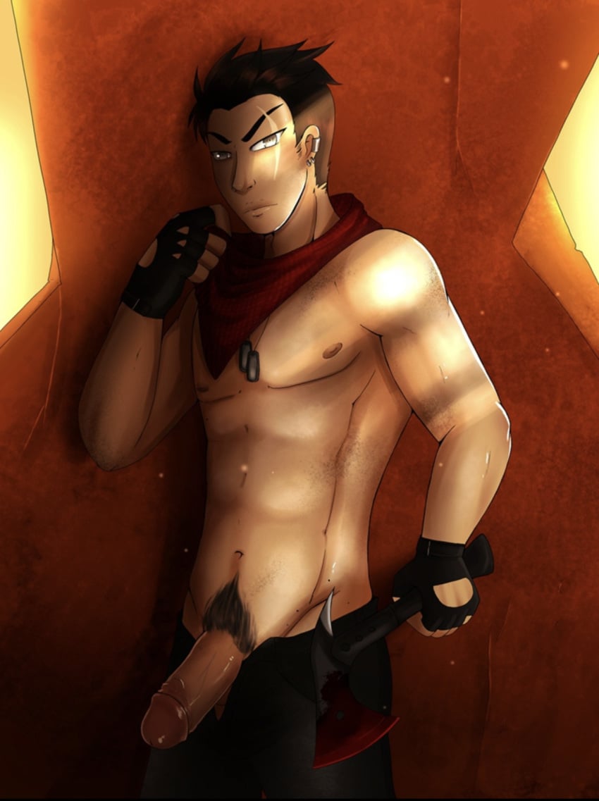 akira_kojima axe bandana boyfriend_to_death complex_background complex_shading dick dollmaker_(electricpuke) earrings electricpuke huntress_(electricpuke) lighting muscular muscular_male pecs penis_out pubic_hair scar_across_eye