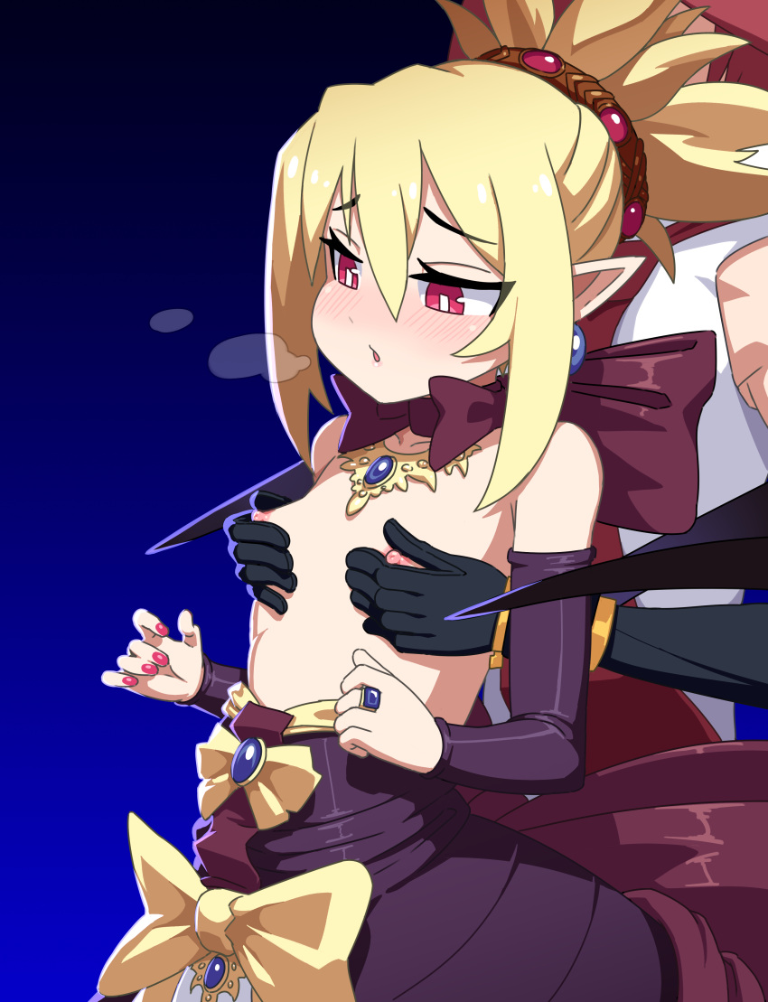 adell breasts cromachina demon_girl demon_wings disgaea disgaea_2 dress dress_down flat_chest flat_chested nippon_ichi_software no_bra pinch pinching_nipples rozalin small_breasts