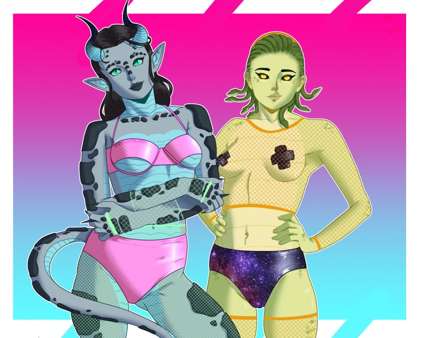 2023 2girls anthro black_hair black_lipstick black_scales black_sclera bra crossed_arms dragon dragon_girl dragon_horns dragon_tail female female_only fishnet_armwear fishnet_pantyhose fishnet_stockings fishnet_topwear fishnets froggystyle green_body green_eyes grey_body hands_on_hips horns long_hair looking_at_viewer lysandra_(froggystyle) medusa nipple_pasties pasties pointy_ears scales slit_pupils smiling smiling_at_viewer snake_hair tail underwear very_high_resolution x_pasties xyrazelea_(froggystyle) yellow_eyes