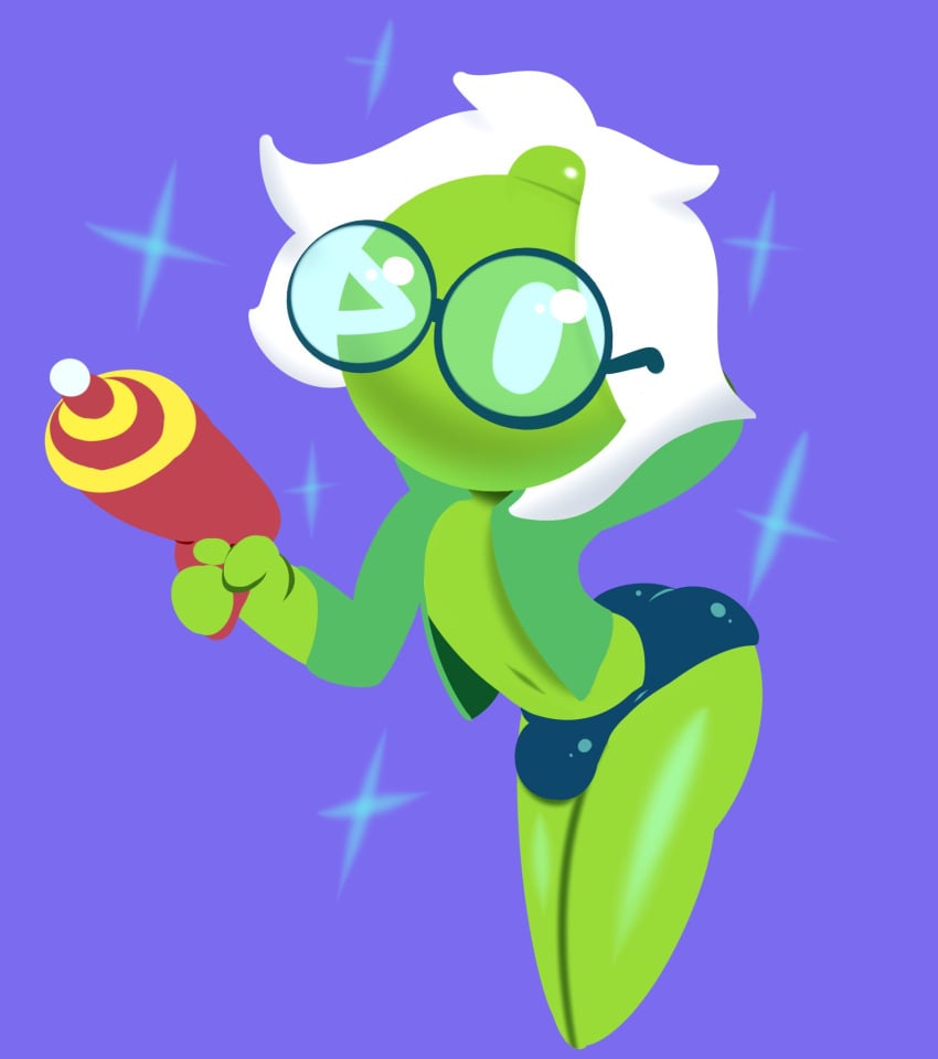 1boy 2020 accessory anthro arched_back arm_behind_head ass bob-omb bulge femboy girly glasses green_body green_skin hair holding_object male mario_(series) mark_m oc one_eye_closed original_character white_eyes white_hair wink