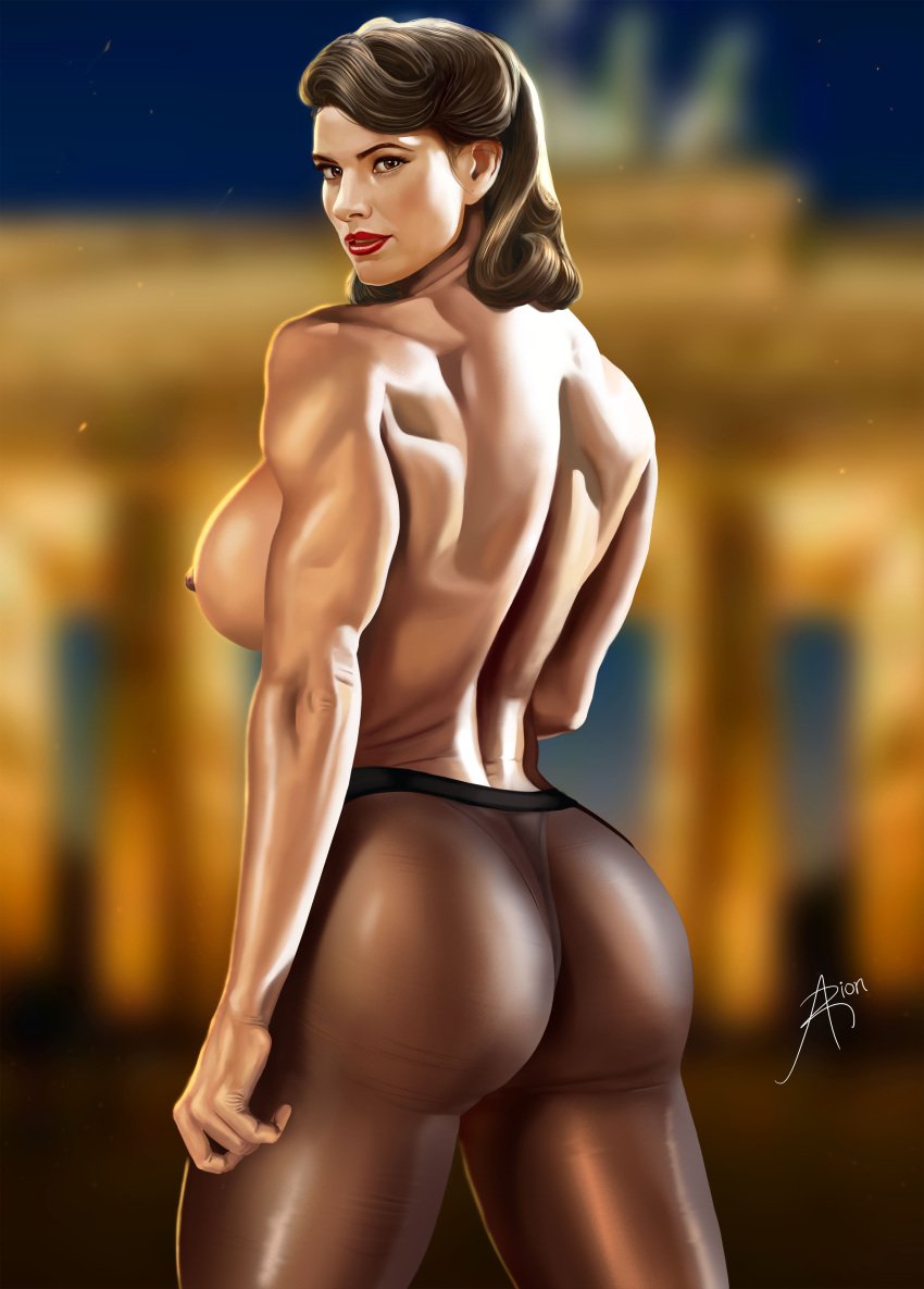 1girls arion69 arm_at_side berlin big_ass big_butt blurred_background brandenburg_gate brown_eyes brown_hair captain_america_(series) captain_carter cowboy_shot disney female female_only hayley_atwell human human_only light-skinned_female light_skin looking_over_shoulder marvel marvel_cinematic_universe mature mature_female muscular muscular_female pantyhose pantyhose_only peggy_carter superheroine voluptuous voluptuous_female