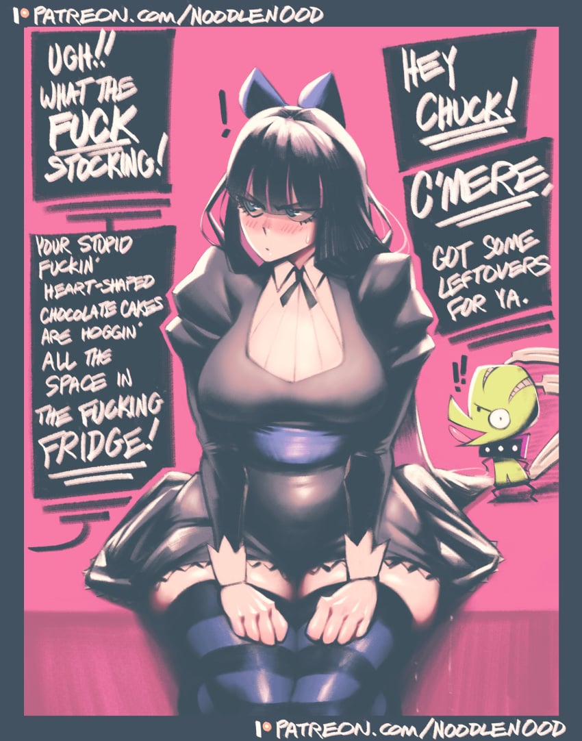 1boy 1girls anal anal_training aroodnoodle big_breasts black_dildo blush chuck_(psg) dat_anus dildo dildo_sitting dress female goth hungry_anus large_breasts noodlenood panty_&_stocking_with_garterbelt panty_anarchy purple_hair sitting_on_dildo stocking_anarchy