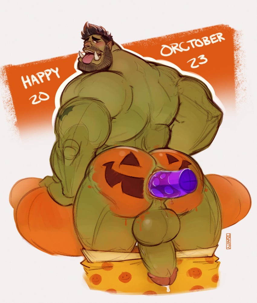 1boy 2023 anus ass balls bara barazoku beard big_balls big_penis completely_nude cum cum_drip cum_dripping_from_penis erection facial_hair gay genital_fluids green-skinned_male green_body green_skin hairy hairy_male halloween holidays looking_at_viewer male male_focus male_only manly muscular_male nude orc orc_male penis pointy_ears pumpkin_butt solo solo_male teeth teeth_visible toastyfuzzbuns tusks yaoi