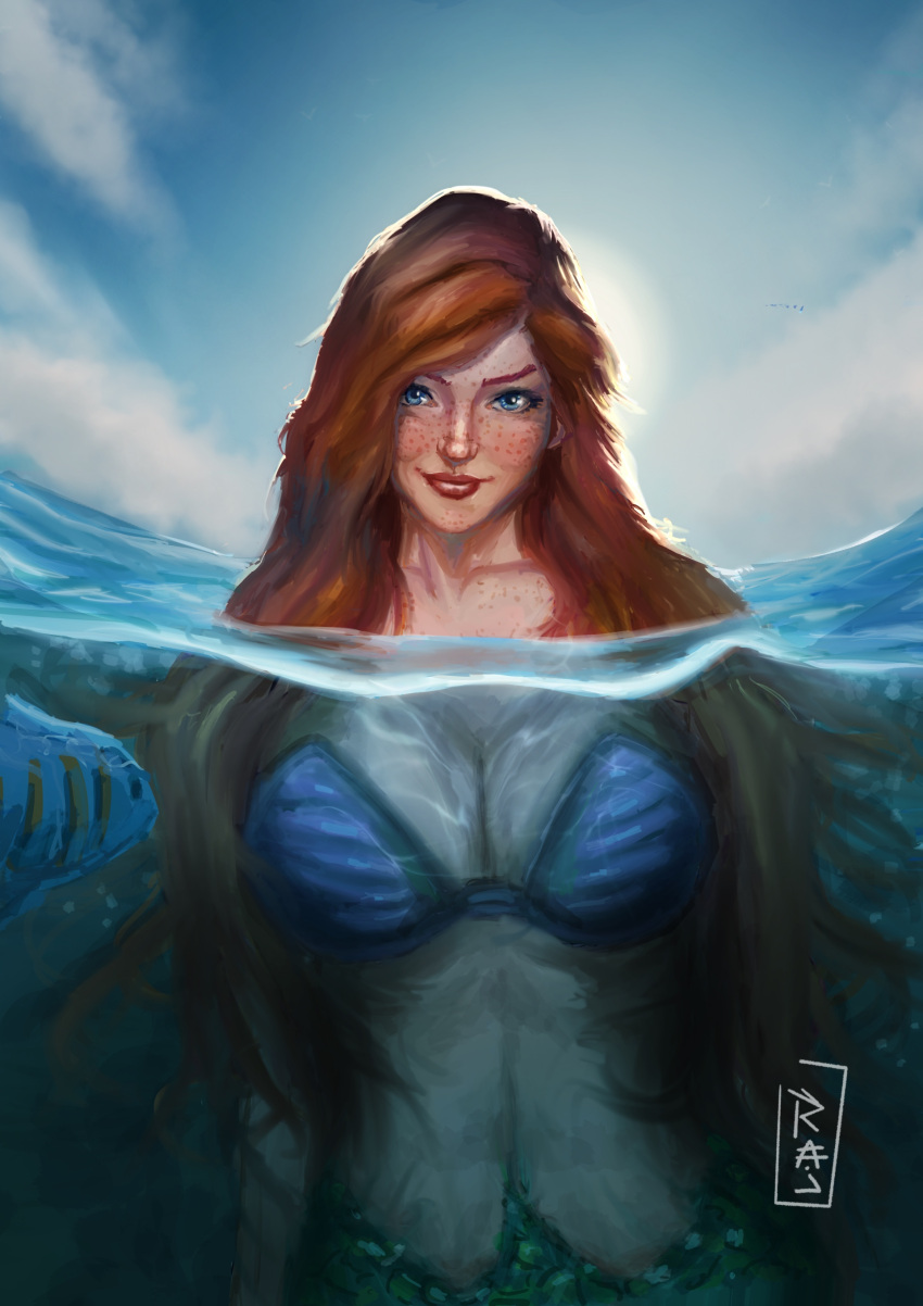 1girls 2d ariel background big_breasts blue_eyes bra breasts clothing disney disney_princess eyelashes eyes female_focus fish freckles freckles_on_face front_view hair happy humanoid in_water light-skinned_female light_skin lips lipstick long_hair mermaid mermaid_girl ocean open_eyes outside partially_submerged partially_underwater_shot rajdraw red_hair red_lipstick sea smile solo_focus the_little_mermaid underwater upper_body water watermark