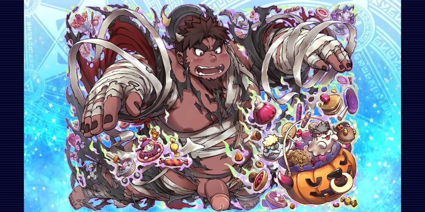 2:1 asian_mythology bandage bara blush bodily_fluids candy chinese_mythology clothing daifukumochi dessert east_asian_mythology embarrassed eyeshadow food genital_fluids genitals halloween halloween_costume holidays horn human jack-o'-lantern jiangshi lifewonders makeup male mammal muscular muscular_male mythology penis precum shino_(tokyo_afterschool_summoners) shocked_expression slightly_chubby slightly_chubby_male solo solo_focus taur tetsuox tokyo_afterschool_summoners torn_clothing undead
