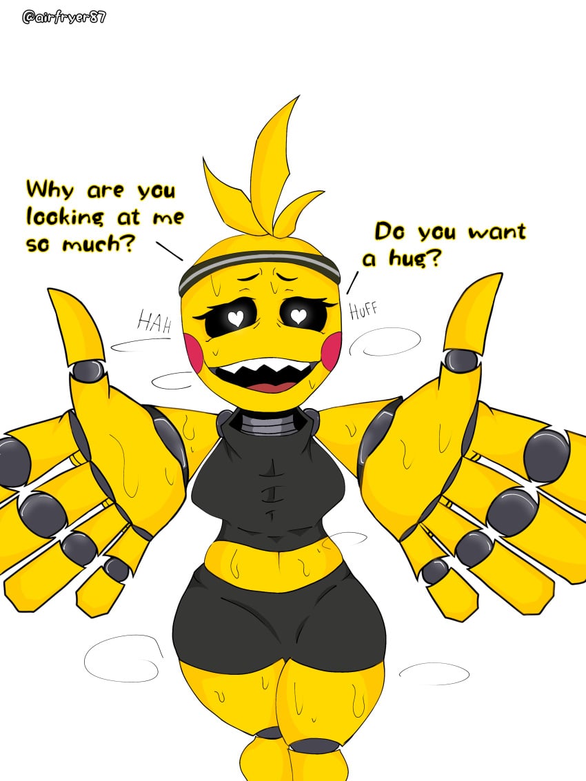 airfryer87 bad_anatomy five_nights_at_freddy's fnaf hugging panting sweaty toy_chica_(fnaf)