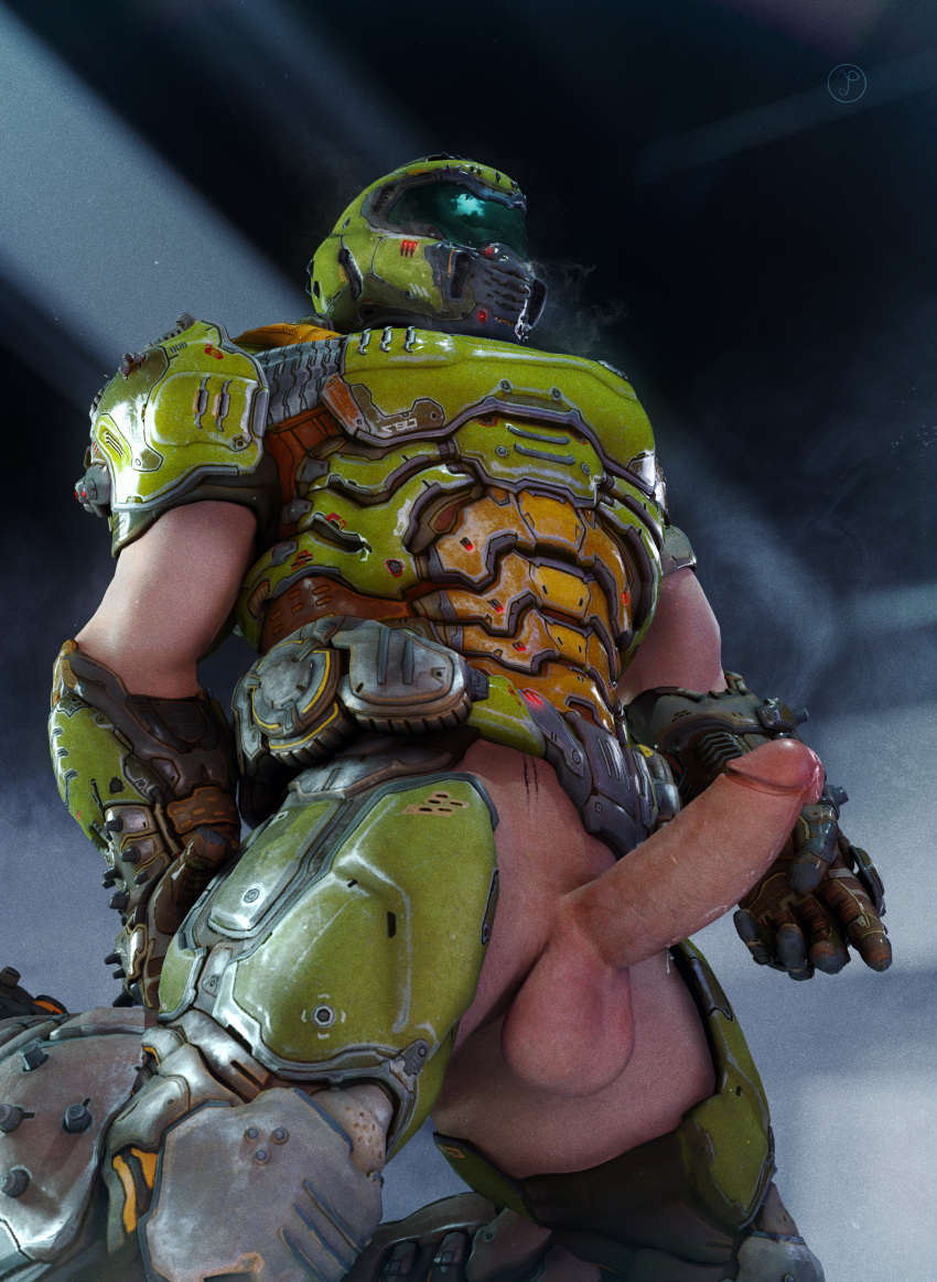 1boy armor balls biceps doom doom_slayer_(doom) erection gloves helmet hi_res male male_focus partially_clothed penis precum precum_drip precum_on_penis presenting_penis scar solo solo_male tauntilock