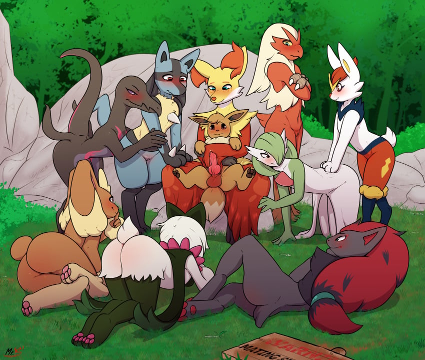 1boy 6+girls 9girls all_fours animal_genitalia animal_penis anthro avian balls blaziken blush canine_genitalia canine_penis chest_spike cinderace crossed_arms delphox eevee erection featureless_crotch female female_lucario feral flat_chested freckles fur gardevoir generation_1_pokemon generation_3_pokemon generation_4_pokemon generation_5_pokemon generation_6_pokemon generation_7_pokemon generation_8_pokemon generation_9_pokemon genitals green_body green_fur grey_body grey_fur group hair hair_over_eye harem hi_res humanoid knot lagomorph larger_anthro larger_female lopunny lucario male male/female mammal meowscarada mr._smile nintendo nude one_eye_obstructed outside penis pokemon pokemon_(species) pokemon_sv pussy reptile rock salazzle scalie scuted_arms scutes sitting size_difference smaller_feral smaller_male smile spikes spikes_(anatomy) zoroark