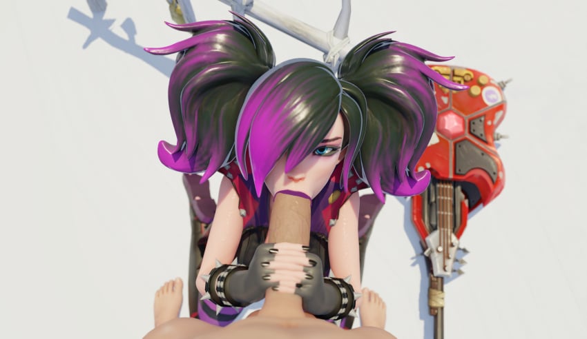 1boy 1girls 3d alternate_costume black_and_purple_hair blowjob blue_eyes egirl emo evie_(paladins) eye_contact fellatio female goth guzemberg hi-rez_studios light-skinned_female light-skinned_male male male_pov multicolored_hair oral paladins_(game) pale-skinned_female penis pov purple_lipstick troublemaker_evie twintails