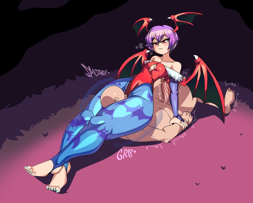 1boy 1girls between_thighs bottom_heavy captain_kirb clothed_female_nude_male clothing darkstalkers faceless_male feet female flat_chest head_between_thighs head_wings headscissor human lilith_aensland lying lying_on_back male nude nude_male painted_nails penis purple_hair red_eyes small_breasts succubus thick_thighs wide_hips wings