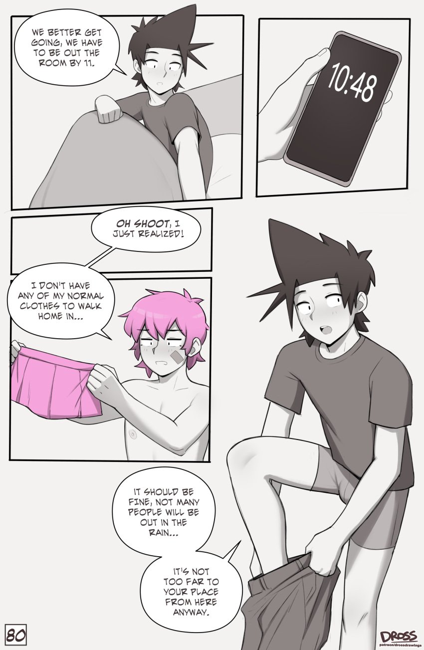 2boys bed bedroom black_hair black_shirt comic comic_page crossdressing dialogue dross femboy gay getting_dressed hotel jacob_(dross) light-skinned_male light_skin male male/male male_only monochrome nipples partially_clothed pecs pink_hair pink_skirt skater_boi_(dross) skirt t-shirt taylor_(dross) text text_bubble twink underwear yaoi