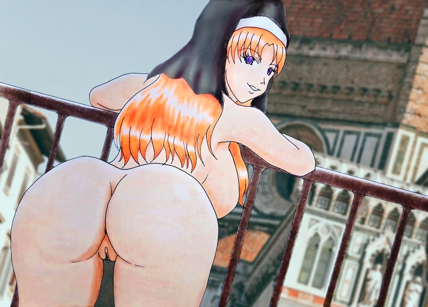 1girls ass asshole big_ass church color colored completely_nude completely_nude_female digital_art female female_only maria_(milkyway8969) milkyway8969 naked naked_female nude nude_female nun nun_hat orange_hair original original_character purple_eyes pussy smiling solo solo_female traditional_art vagina