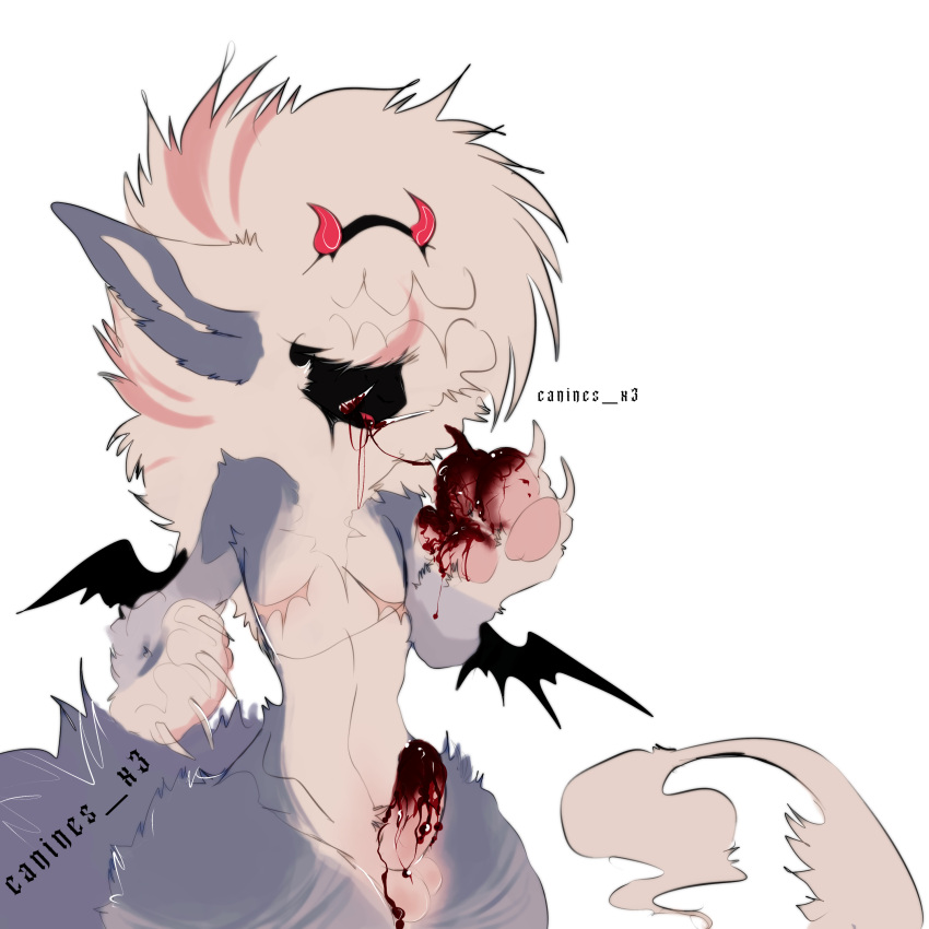 absurd_res anthro anzo_(canines_x3) balls blood blood_on_hand blood_on_penis bodily_fluids canines_x3 demon eating_blood fluffy genitals girly gore hi_res male mastectomy_scar pawpads paws penis scar sharp_teeth teeth thick_thighs