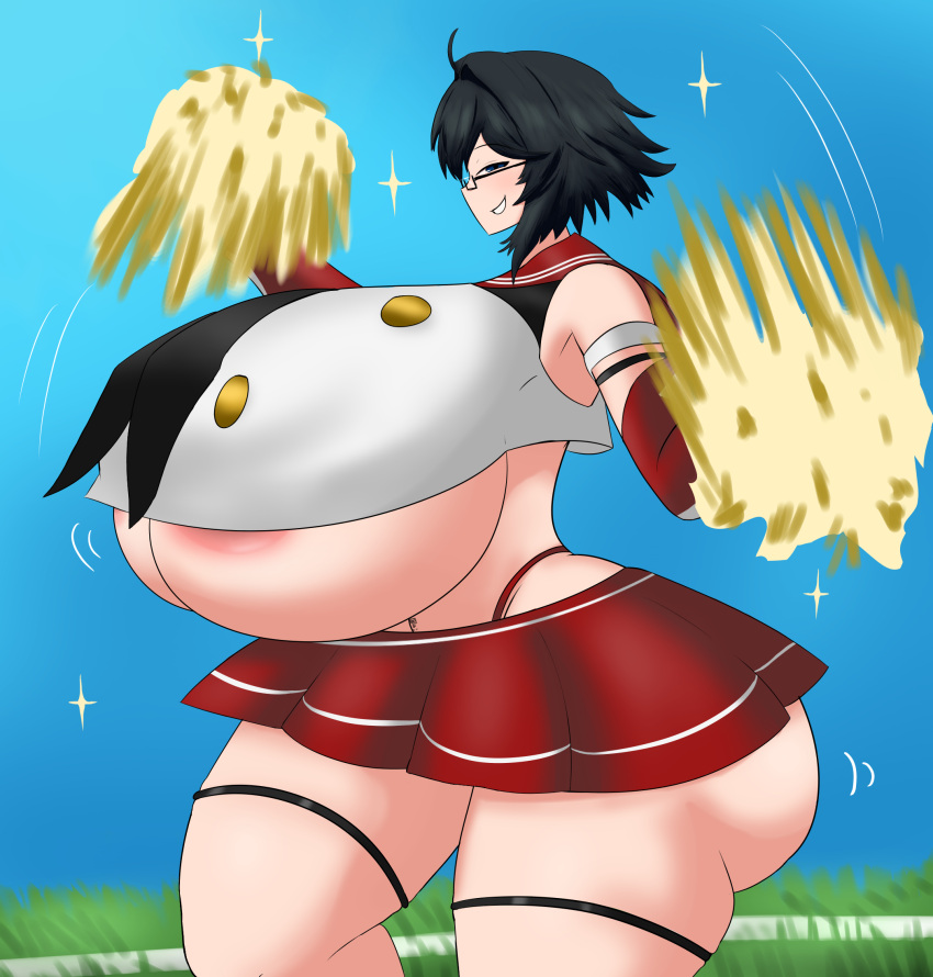 1girls ass big_ass big_breasts black_hair breasts busty cheerleader female female_only glasses huge_breasts hyper hyper_breasts imstupid13 large_breasts looking_at_viewer massive_breasts no_bra panties pom_poms short_hair sinensian_(character) solo thick_thighs top_heavy