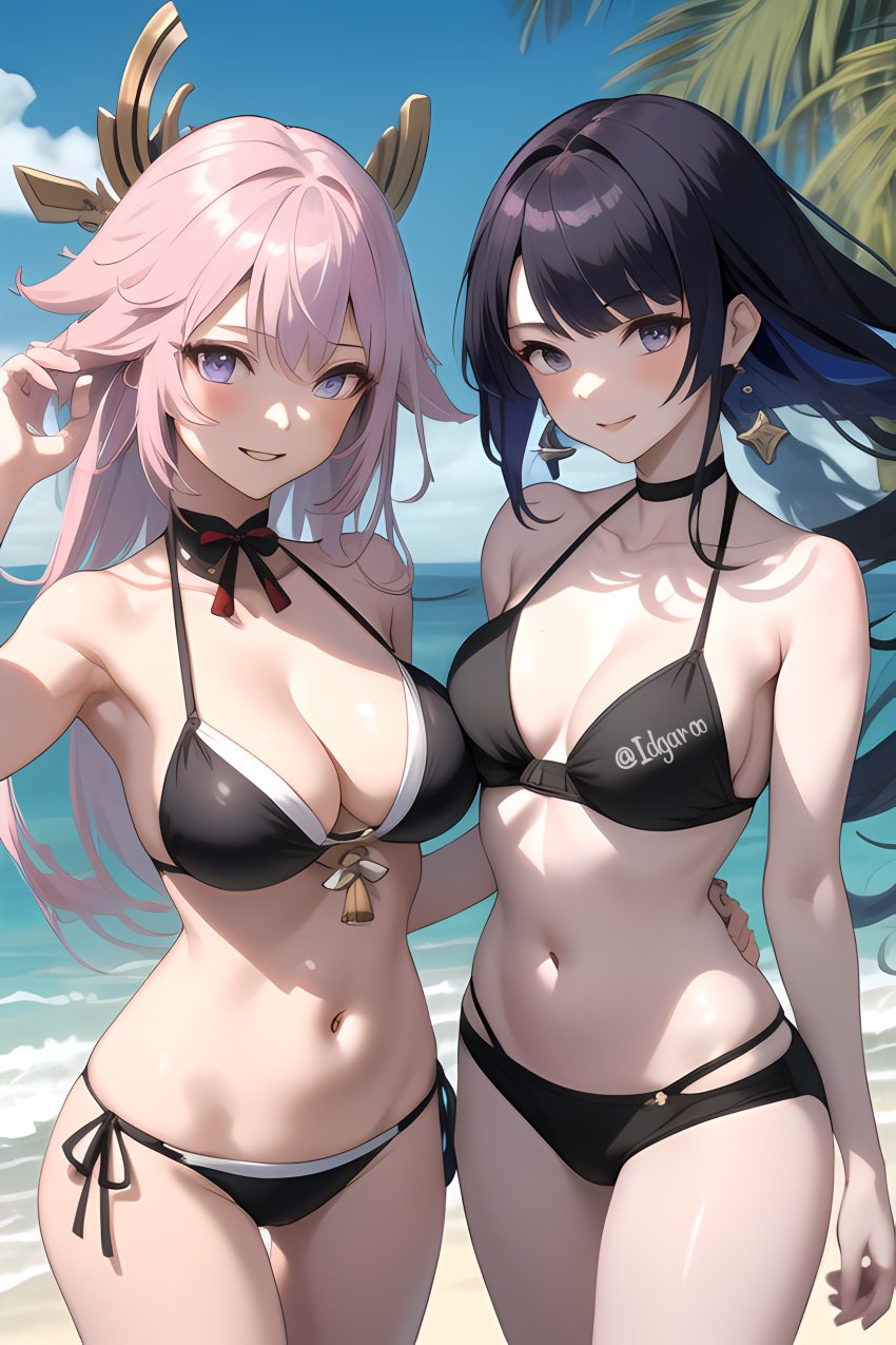 ai_generated beach bikini earrings genshin_impact hair_ornament highres idgaroo looking_at_viewer mihoyo pink_hair purple_eyes raiden_shogun sea smile stable_diffusion yae_miko