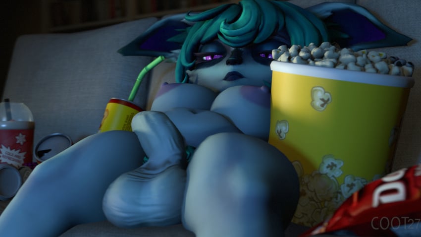 3d 3d_(artwork) big_breasts bored coot27 doritos flaccid flaccid_penis futa_only futanari huge_cock league_of_legends naked popcorn riot_games soda soda_can vex_(league_of_legends) yordle