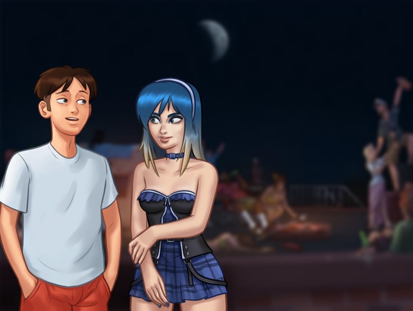 1girls 2d background_characters blue_hair blurry blurry_background breasts brown_hair cleavage clothed clothing darkcookie digital_drawing_(artwork) digital_media_(artwork) dress duo eve_(summertime_saga) female horny horny_male light-skinned_female light-skinned_male light_skin looking_at_another looking_at_partner main_character_(summertime_saga) male male/female night_sky pale-skinned_female pale_skin party roof rooftop shorts skirt small_breasts smile smiling summertime_saga two_tone_hair