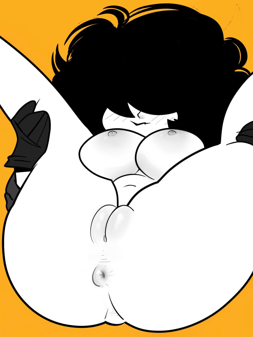 1girls anus asshole belly belly_button big_breasts black_hair breasts chubby chubby_female digital_media_(artwork) female gloves goth hair_over_eyes legs_apart legs_spread legs_up nipples oc original_character plump pussy shellzzz solo solo_female spread_legs