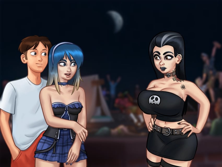 1boy 2d 2girls background_characters big_breasts black_hair black_lipstick blue_hair blurry blurry_background bra breasts brown_hair bulge bulge_through_clothing choker cleavage clothed clothing covering darkcookie digital_drawing_(artwork) digital_media_(artwork) dress erect_penis erection erection_under_clothes eve_(summertime_saga) female goth goth_girl hiding hiding_erection light-skinned_female light-skinned_male light_skin lipstick long_hair looking_at_another looking_at_partner main_character_(summertime_saga) male male/female night_sky odette_(summertime_saga) pale-skinned_female pale_skin party roof rooftop shirt shocked shocked_expression shorts shy skirt small_breasts smile smiling summertime_saga tattoo tattoos trio two_tone_hair