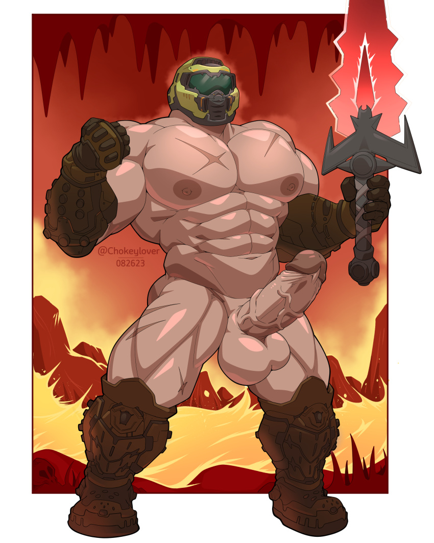 background big_pecs boots doom doom_slayer_(doom) erection flexing gauntlets hell helmet human humanoid_genitalia humanoid_penis maldu male male_only male_solo naked naked_male nude nude_male pecs pectorals penis scar scars scars_on_chest scars_on_thighs standing sword thick_thighs