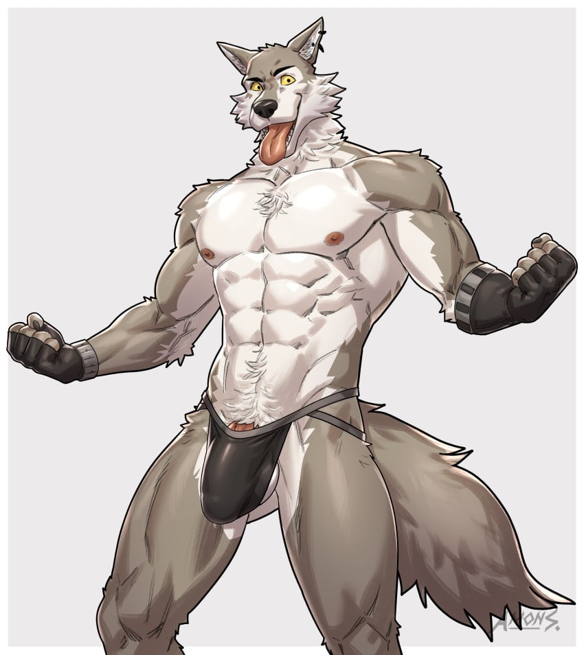 absurd_res amon-sydonai anthro bulge canid canine canis epic_games fortnite hi_res male male/male mammal muscular muscular_male solo tongue tongue_out wendell_(fortnite) wolf