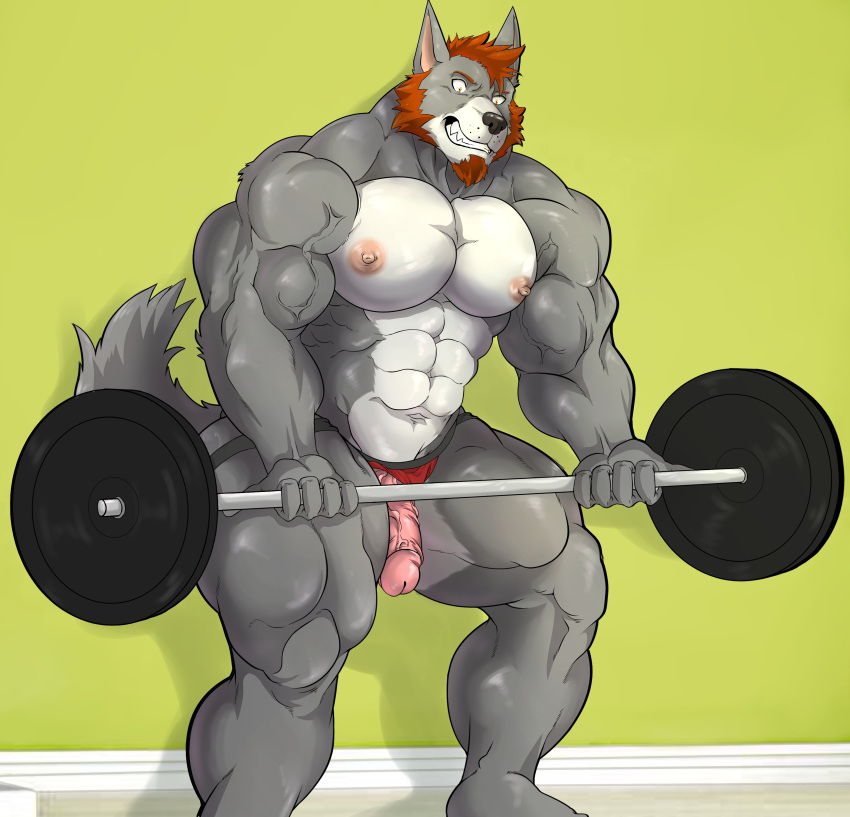 2019 abs absurd_res anthro barbell beard biceps big_pecs brown_hair canid canine canis carpet clenched_teeth clothed clothing clothing_aside deltoids facial_hair fur genitals goatee green_wall grey_body grey_fur hair hi_res holding_barbell jockstrap jockstrap_aside jockstrap_only male male_only mammal multicolored_body multicolored_fur muscular muscular_anthro muscular_male muscular_thighs navel nipples pantsless pecs penis sideburns solo t-wolf_(bigbadbearwolf) taighet_28 teeth topless triceps two_tone_body two_tone_fur underwear underwear_aside underwear_only vein veiny_muscles veiny_penis white_body white_fur wolf