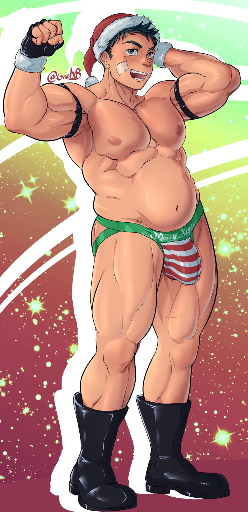 1boy 2021 bara barazoku blush bulge christmas dom_(grelx) gay grelx hi_res highres jockstrap male male_focus male_nipples male_only manly muscular_male nipples solo solo_male twitter_user_oc yaoi