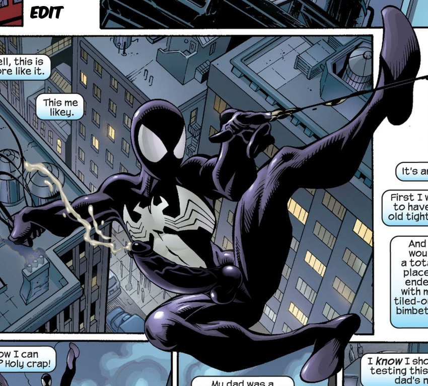 black_penis black_suit cum cumming english_text gay marvel marvel_comics nsfw penis peter_parker spider-man spider-man_(black_suit) symbiote text ultimate_spider-man_(comic) yaoi