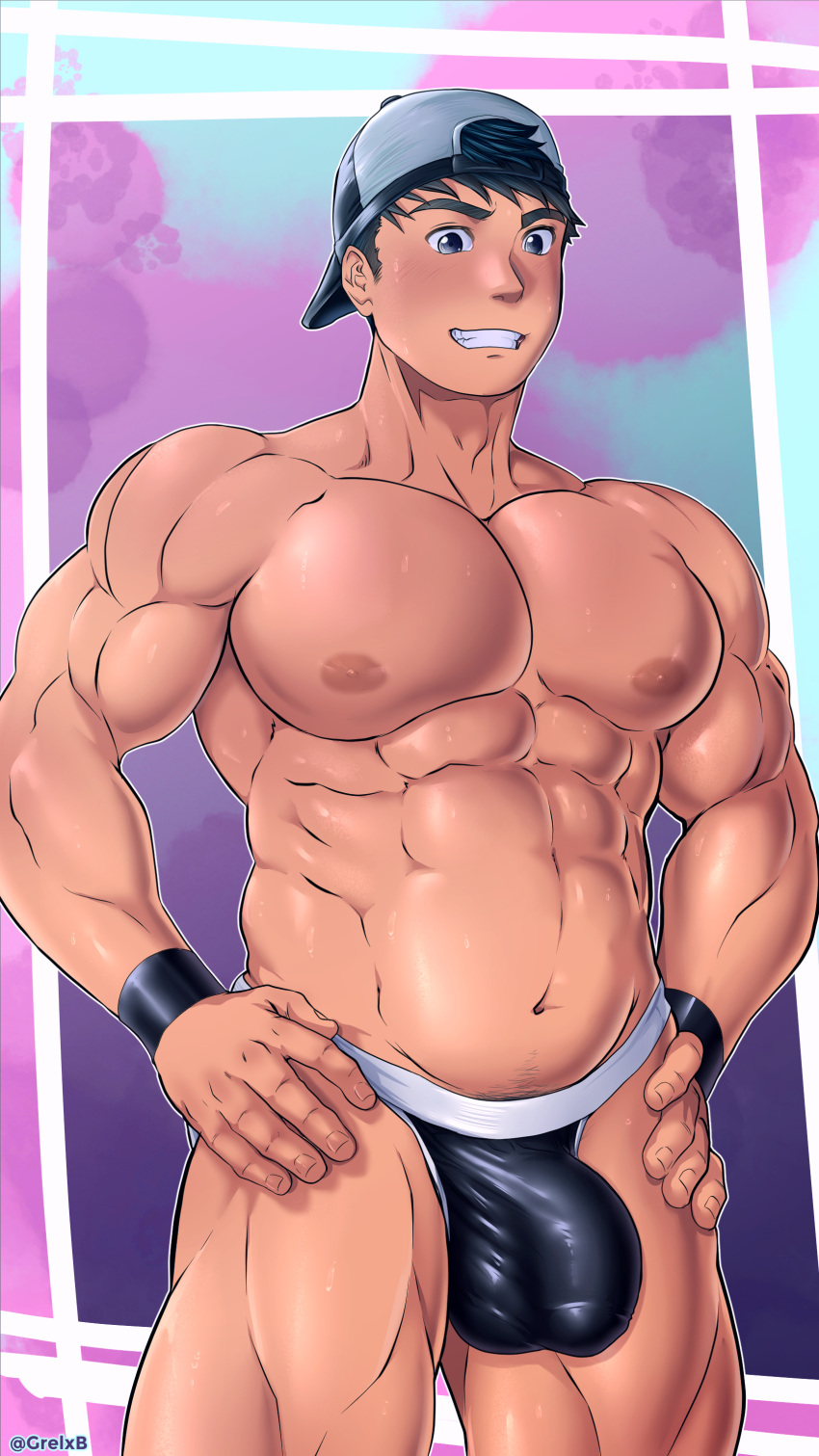 1boy 2021 balls bara barazoku big_bulge blush bulge dom_(grelx) gay grelx hi_res highres huge_bulge jockstrap looking_at_viewer male male_focus male_nipples male_only manly muscular_male nipples penis penis_outline solo solo_male twitter_user_oc yaoi