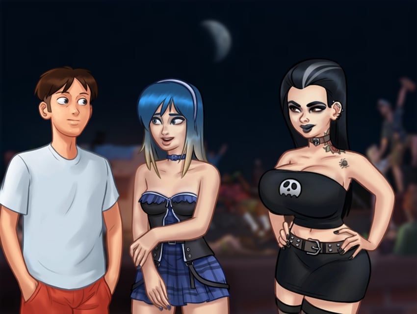 1boy 2d 2girls background_characters big_breasts black_hair black_lipstick blue_hair blurry blurry_background bra breasts brown_hair choker cleavage clothed clothing darkcookie digital_drawing_(artwork) digital_media_(artwork) dress eve_(summertime_saga) female goth goth_girl light-skinned_female light-skinned_male light_skin lipstick long_hair looking_at_another looking_at_partner main_character_(summertime_saga) male male/female night_sky odette_(summertime_saga) pale-skinned_female pale_skin party roof rooftop shirt shorts shy skirt small_breasts smile smiling summertime_saga tattoo tattoos trio two_tone_hair