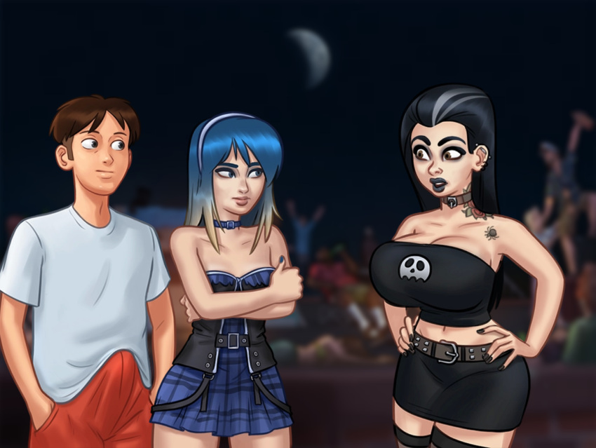 1boy 2d 2girls background_characters big_breasts black_hair black_lipstick blue_hair blurry blurry_background bra breasts brown_hair bulge bulge_through_clothing choker cleavage clothed clothing darkcookie digital_drawing_(artwork) digital_media_(artwork) dress erect_penis erection erection_under_clothes eve_(summertime_saga) female goth goth_girl light-skinned_female light-skinned_male light_skin lipstick long_hair looking_at_another looking_at_partner main_character_(summertime_saga) male male/female night_sky odette_(summertime_saga) pale-skinned_female pale_skin party roof rooftop shirt shocked shocked_expression shorts shy skirt small_breasts smile smiling summertime_saga tattoo tattoos trio two_tone_hair