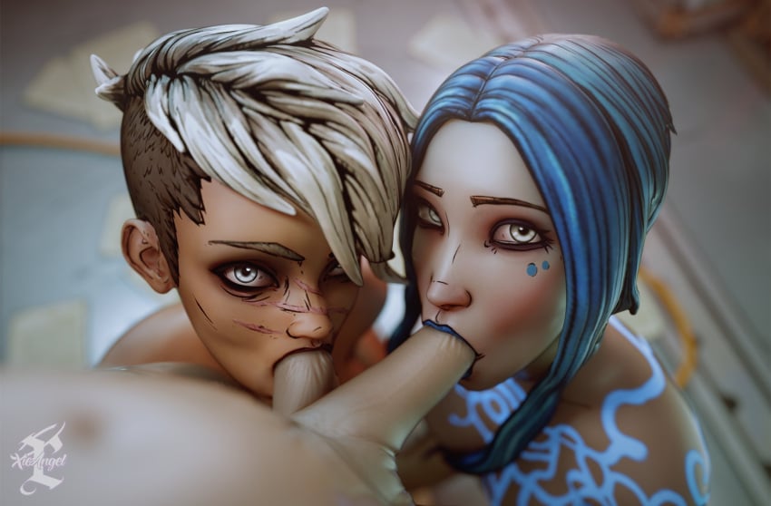 1boy 2girls 3d ball_fondling ball_suck ball_sucking balls blender blowjob blue_hair blurry blurry_background borderlands borderlands_2 borderlands_3 collaborative_fellatio dark-skinned_female dark_skin erection eye_contact faceless_character faceless_male fellatio female female_focus highres interracial light-skinned_male light_skin long_hair looking_at_partner looking_at_viewer looking_back male male/female male_pov maya_(borderlands) nude nude_female nude_male on_knees oral oral_penetration oral_sex penis pov pov_eye_contact seductive seductive_look seductive_smile sucking sucking_balls sucking_penis sucking_testicles teamwork threesome trio tyreen_calypso unseen_male_face watermark xieangel