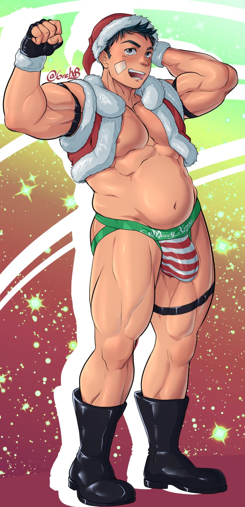 1boy 2021 bara barazoku blush bulge christmas dom_(grelx) gay grelx hi_res highres jockstrap male male_focus male_nipples male_only manly muscular_male nipples solo solo_male twitter_user_oc yaoi