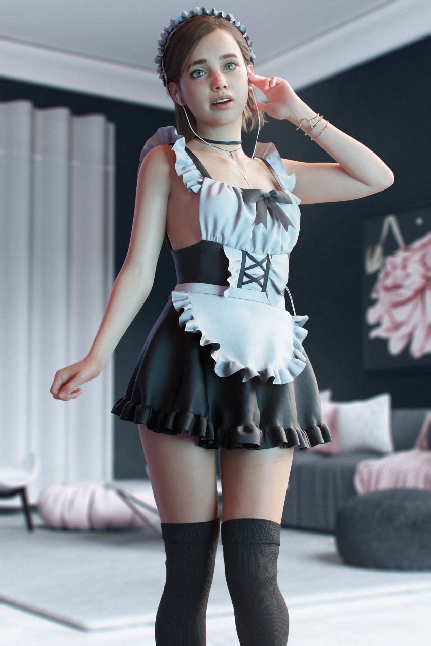 1girls 3d arm_up bare_arms black_legwear bracelet brown_hair choker earphones ellie_(the_last_of_us) ellie_williams female female_focus female_only girly green_eyes indoors kneehighs kneesocks legs lips maid maid_apron maid_headdress maid_outfit maid_uniform necklace no_bra open_mouth parted_lips sleeveless solo solo_female tagme tedd-artwork the_last_of_us the_last_of_us_2 thighs