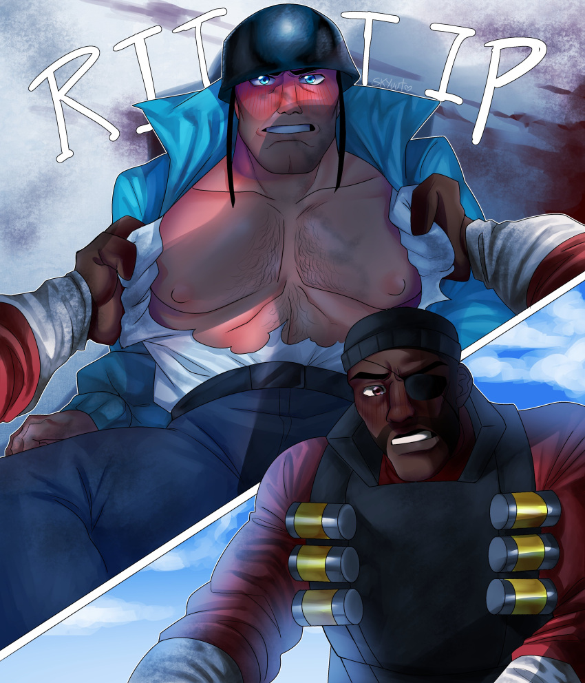 2boys after_fight demoman demoman_(team_fortress_2) emesis_blue fortress_films ripped_clothing ripped_shirt silodise soldier soldier_(team_fortress_2) suggestive team_fortress_2 yaoi