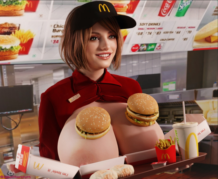 3d ashley_graham ashley_graham_(ella_freya) big_breasts blonde_hair blue_eyes blush boob_burger breasts breasts_out busty cap capcom female female_focus female_only hamburger hourglass_figure large_breasts mcdonald's meme open_shirt pinup pinup_pose resident_evil sekaithereturn shirt short_hair tagme your_order_is_ready_(meme)