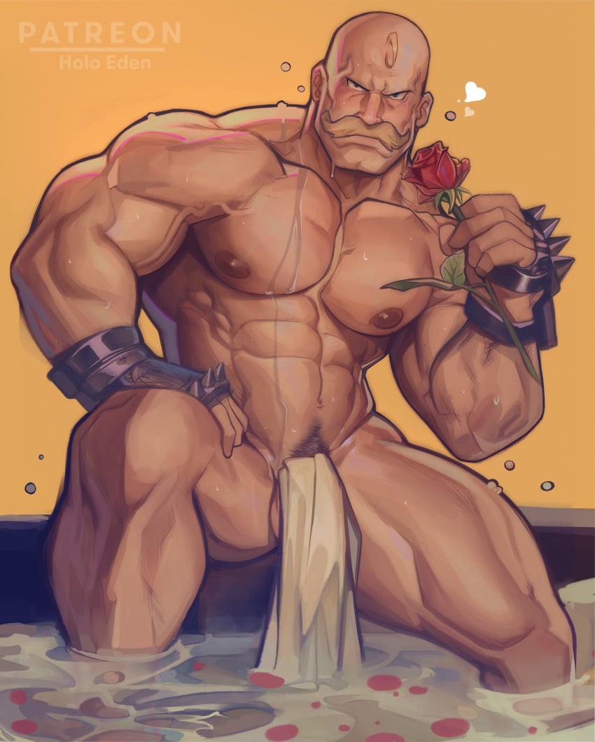 1boy abs alex_louis_armstrong bald balls bara big_muscles big_pecs blonde_hair blush censored convenient_censoring daddy dilf flower fullmetal_alchemist gay gloves hair heart holo_eden human male male_only moustache muscles muscular muscular_human muscular_male navel nipples nude pecs pubes rose signature solo sweat water yaoi